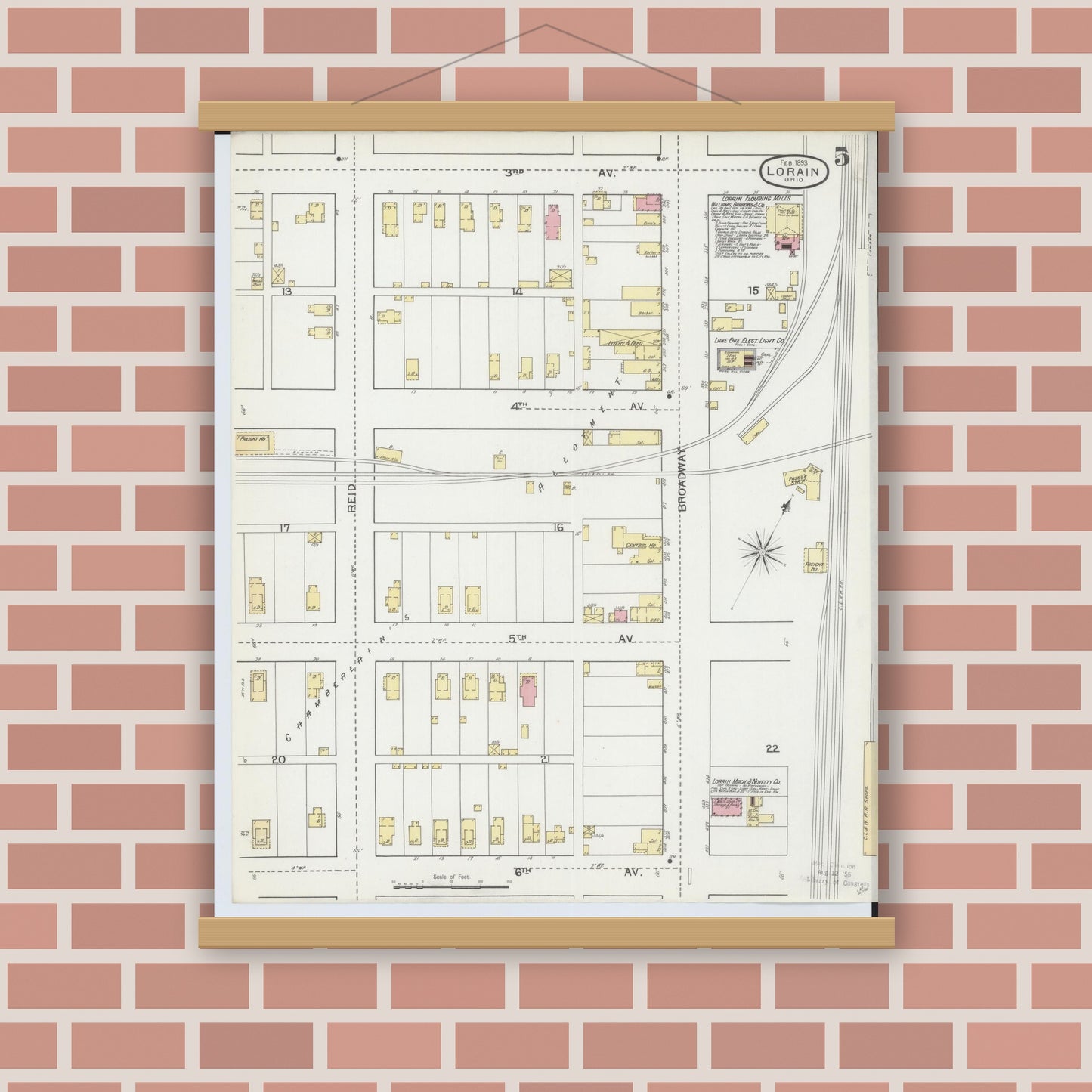 Old map wall art mockup — magnetic wood frame on brick wall — Sanborn Fire Insurance Map from Lorain, Lorain County, Ohio (1893), Sheet #0005