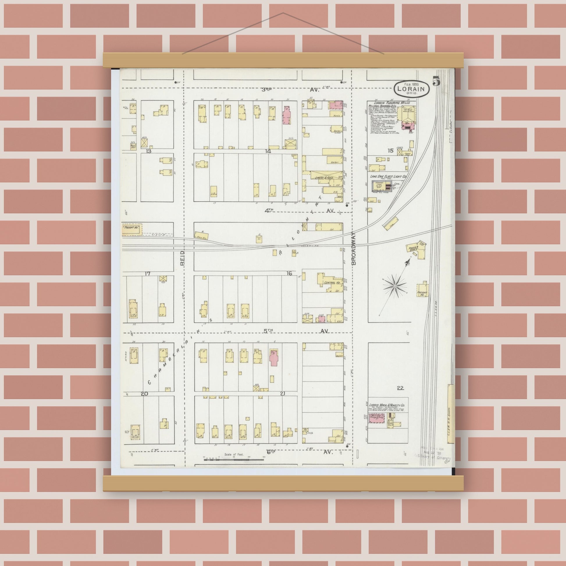 Old map wall art mockup — magnetic wood frame on brick wall — Sanborn Fire Insurance Map from Lorain, Lorain County, Ohio (1893), Sheet #0005