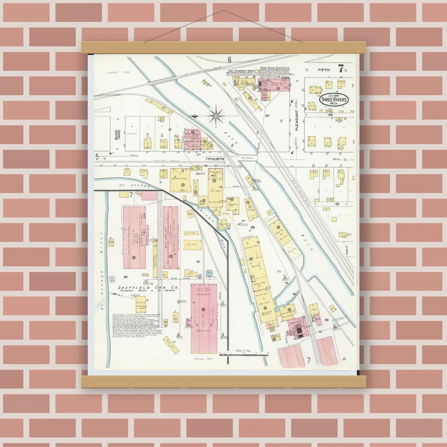 Old map wall art mockup — magnetic wood frame on brick wall — Sanborn Fire Insurance Map from Three Rivers, Saint Joseph County, Michigan (1909), Sheet #0007