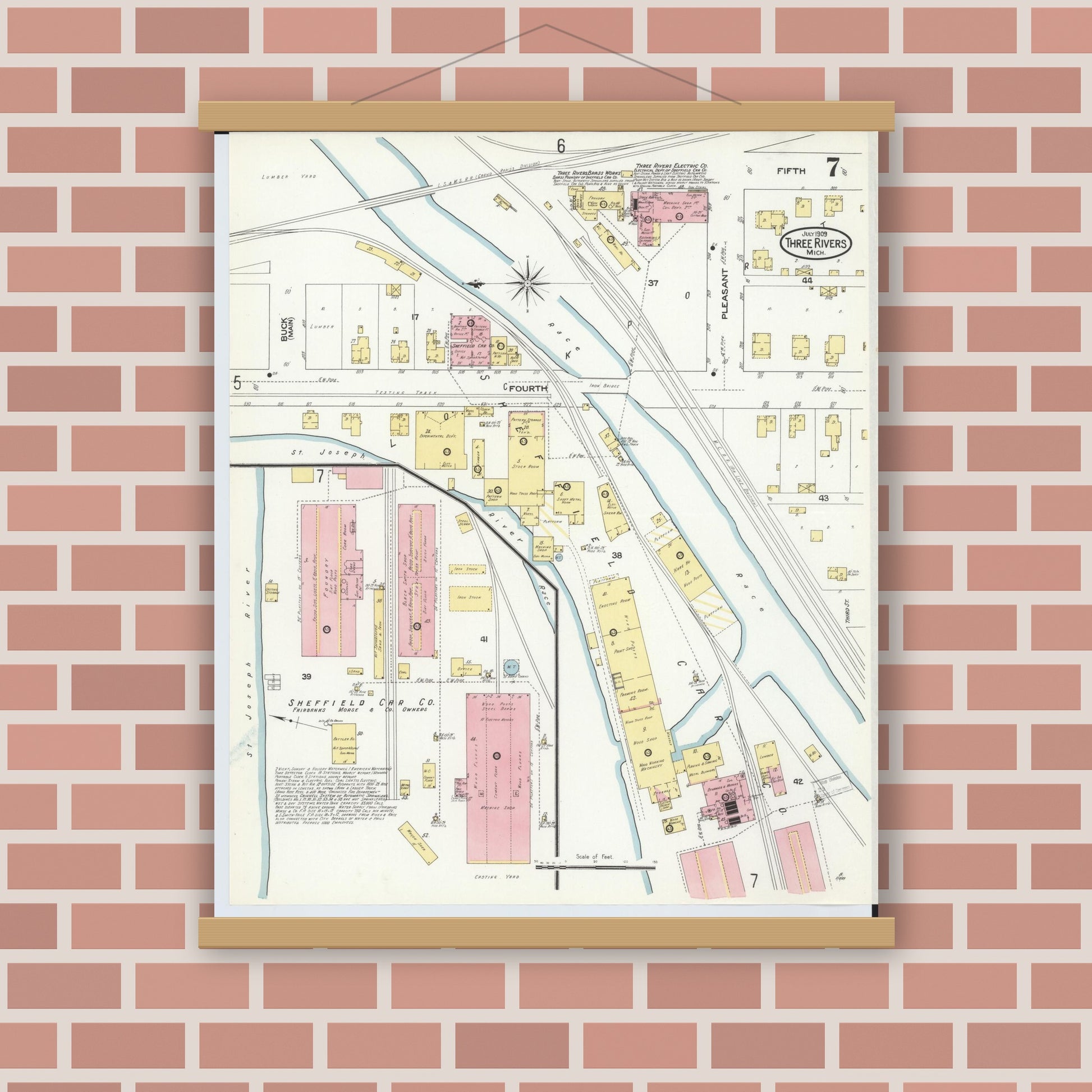 Old map wall art mockup — magnetic wood frame on brick wall — Sanborn Fire Insurance Map from Three Rivers, Saint Joseph County, Michigan (1909), Sheet #0007