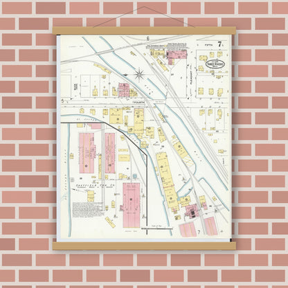 Old map wall art mockup — magnetic wood frame on brick wall — Sanborn Fire Insurance Map from Three Rivers, Saint Joseph County, Michigan (1909), Sheet #0007