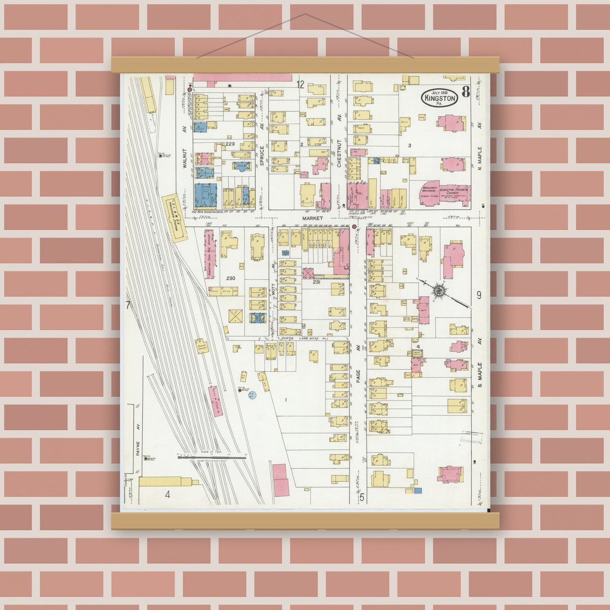 Old map wall art mockup — magnetic wood frame on brick wall — Sanborn Fire Insurance Map from Kingston, Luzerne County, Pennsylvania (1919), Sheet #0008