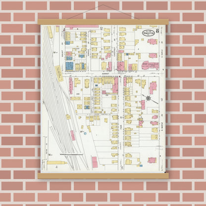 Old map wall art mockup — magnetic wood frame on brick wall — Sanborn Fire Insurance Map from Kingston, Luzerne County, Pennsylvania (1919), Sheet #0008