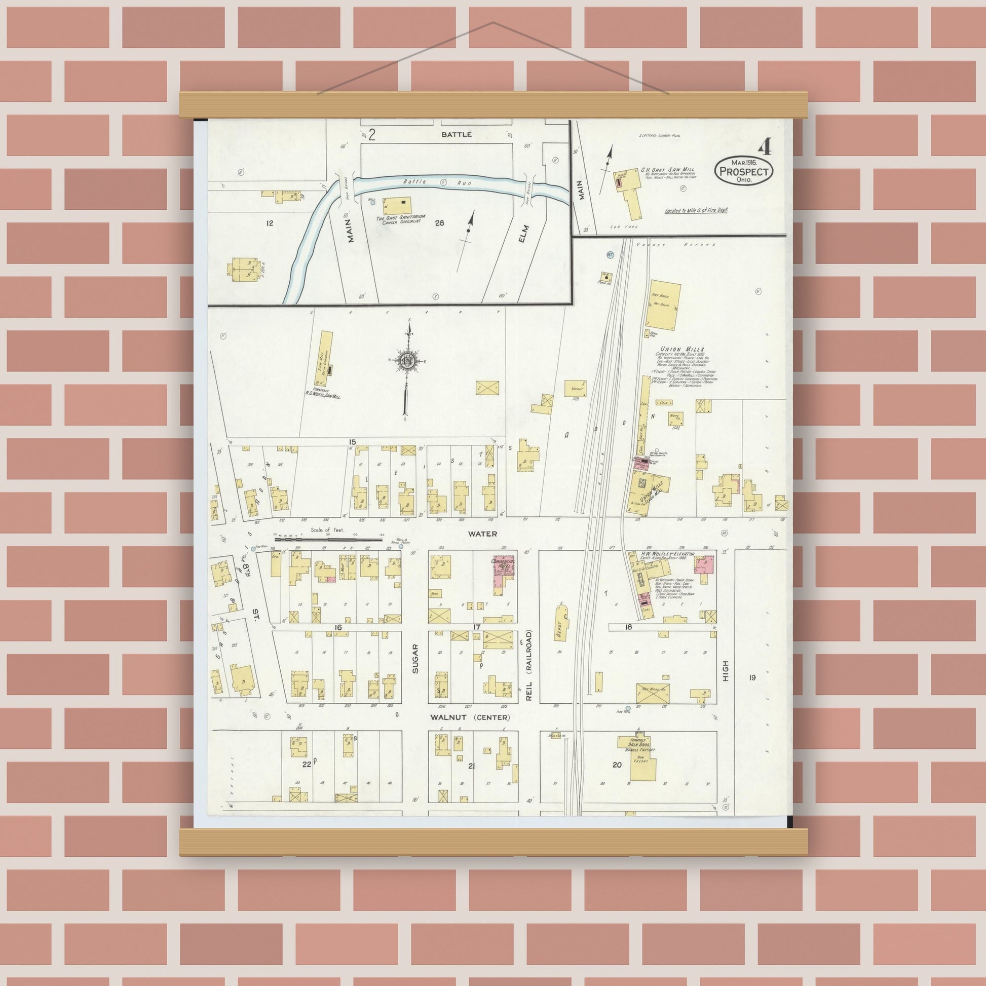 Old map wall art mockup — magnetic wood frame on brick wall — Sanborn Fire Insurance Map from Prospect, Marion County, Ohio (1916), Sheet #0004