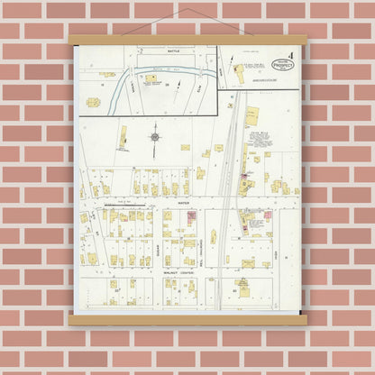 Old map wall art mockup — magnetic wood frame on brick wall — Sanborn Fire Insurance Map from Prospect, Marion County, Ohio (1916), Sheet #0004