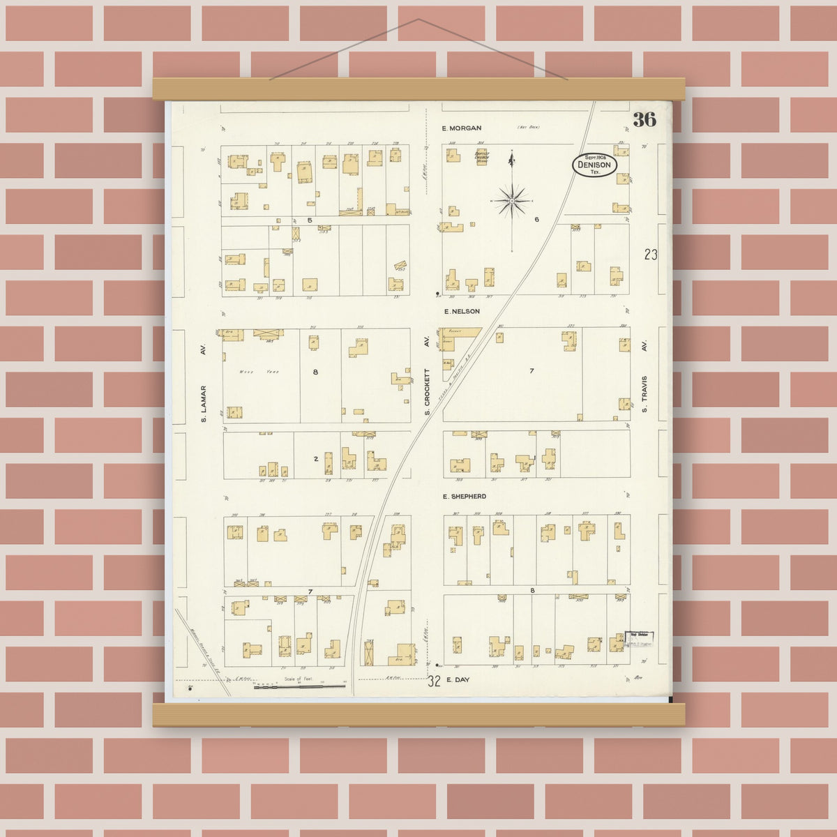 Old map wall art mockup — magnetic wood frame on brick wall — Sanborn Fire Insurance Map from Denison, Grayson County, Texas (1908), Sheet #0036