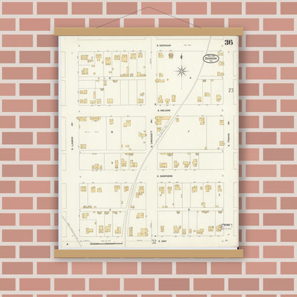 Old map wall art mockup — magnetic wood frame on brick wall — Sanborn Fire Insurance Map from Denison, Grayson County, Texas (1908), Sheet #0036