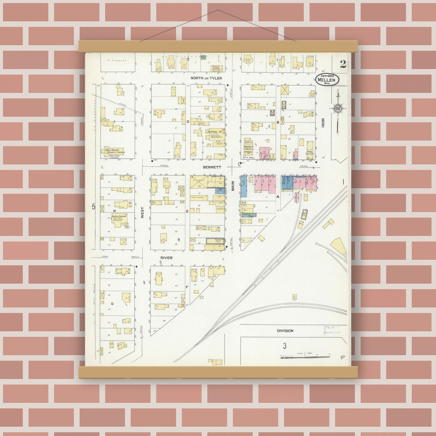 Old map wall art mockup — magnetic wood frame on brick wall — Sanborn Fire Insurance Map from Mellen, Ashland County, Wisconsin (1909), Sheet #0002