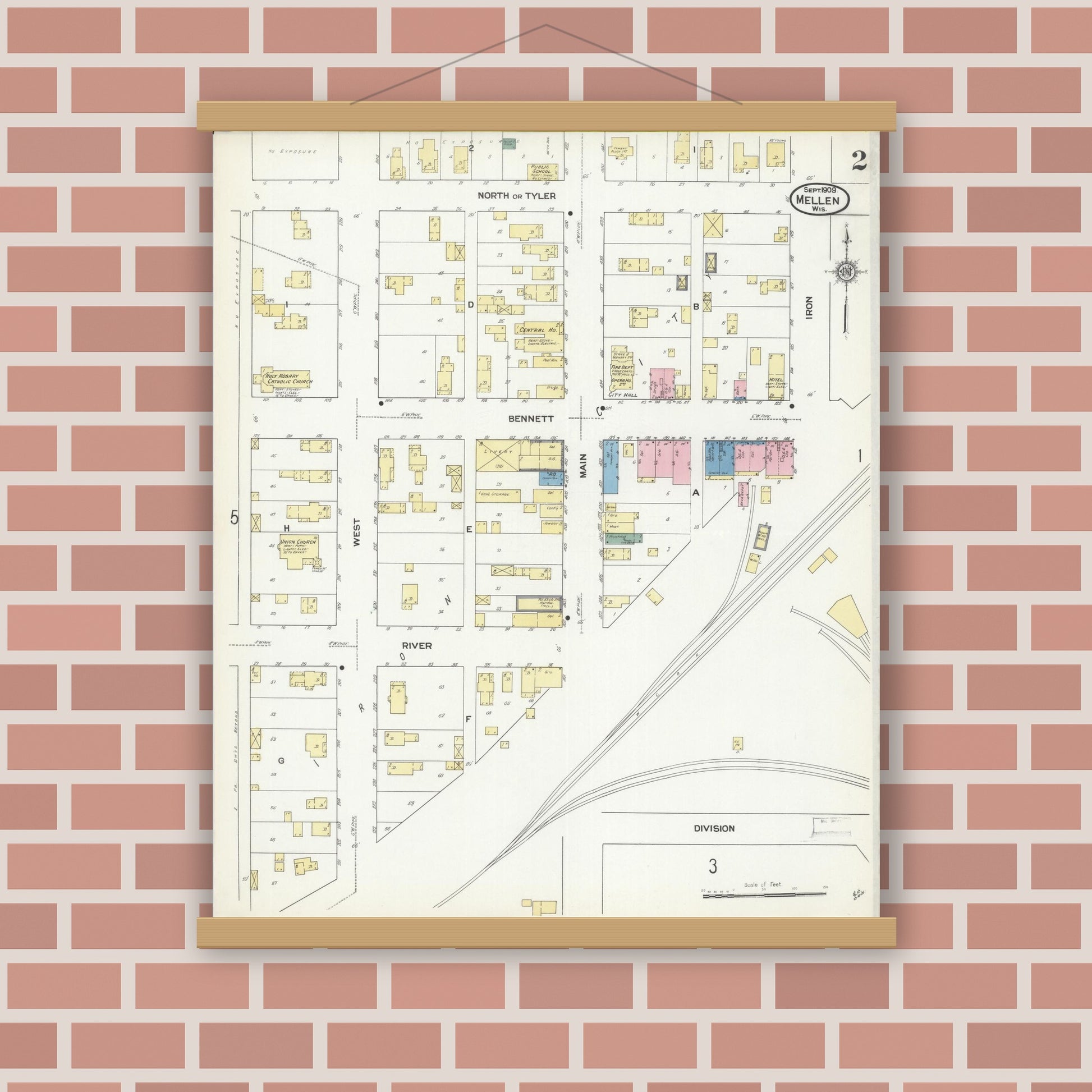 Old map wall art mockup — magnetic wood frame on brick wall — Sanborn Fire Insurance Map from Mellen, Ashland County, Wisconsin (1909), Sheet #0002