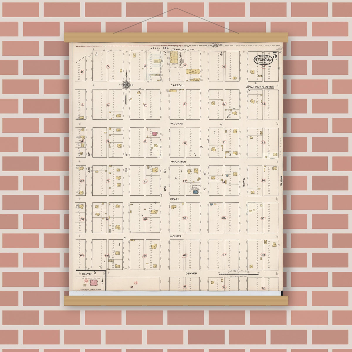 Old map wall art mockup — magnetic wood frame on brick wall — Sanborn Fire Insurance Map from Texhoma, Texas County, Oklahoma and Sherman County, Texas, Texas (1930), Sheet #0005