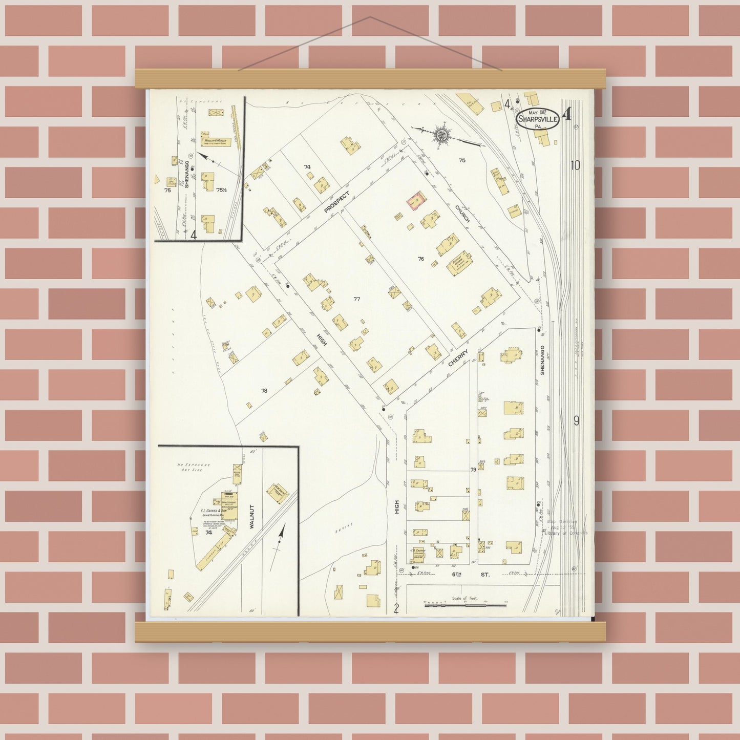 Old map wall art mockup — magnetic wood frame on brick wall — Sanborn Fire Insurance Map from Sharpsville, Mercer County, Pennsylvania (1912), Sheet #0004