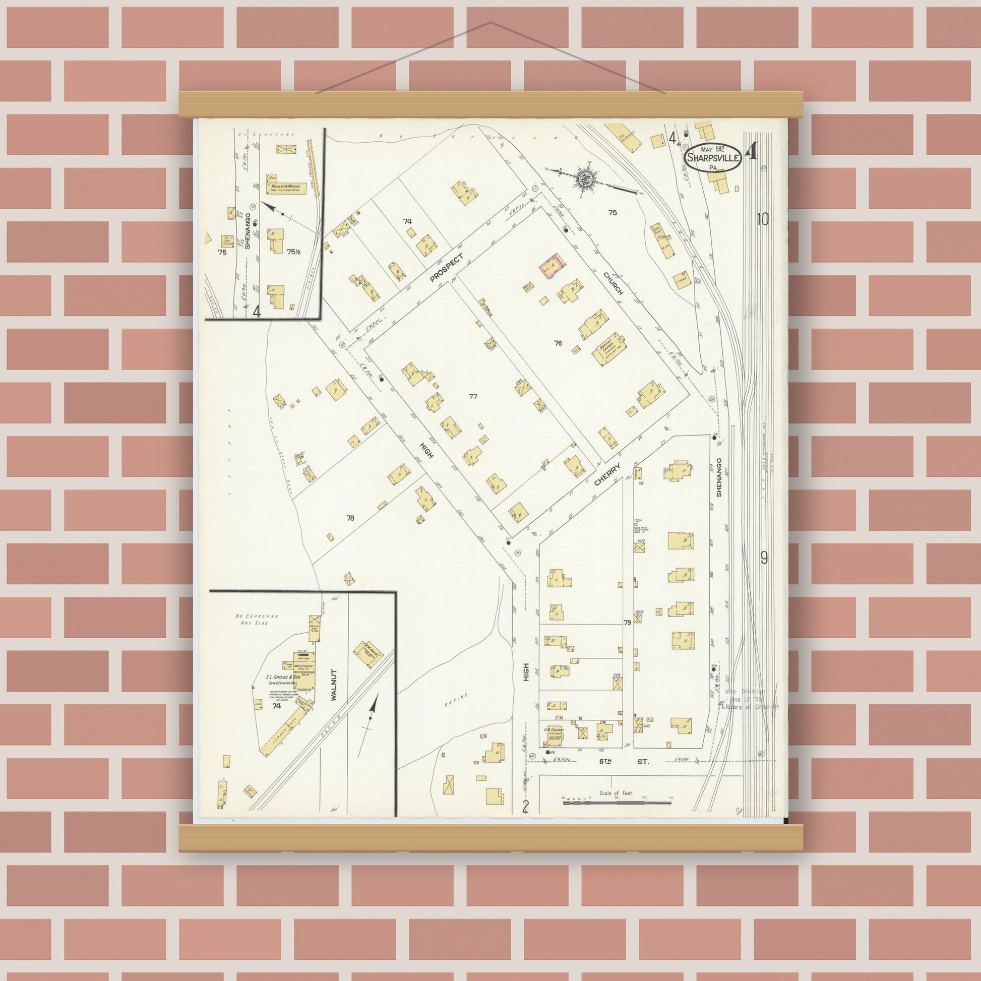 Old map wall art mockup — magnetic wood frame on brick wall — Sanborn Fire Insurance Map from Sharpsville, Mercer County, Pennsylvania (1912), Sheet #0004