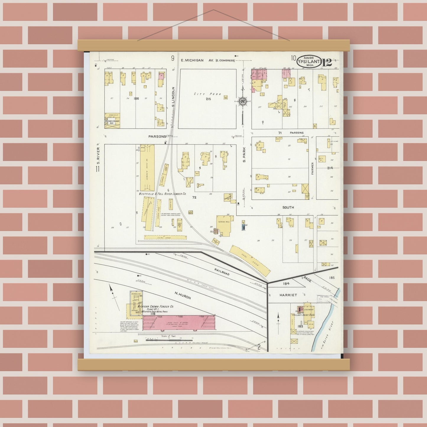 Old map wall art mockup — magnetic wood frame on brick wall — Sanborn Fire Insurance Map from Ypsilanti, Washtenaw County, Michigan (1916), Sheet #0012