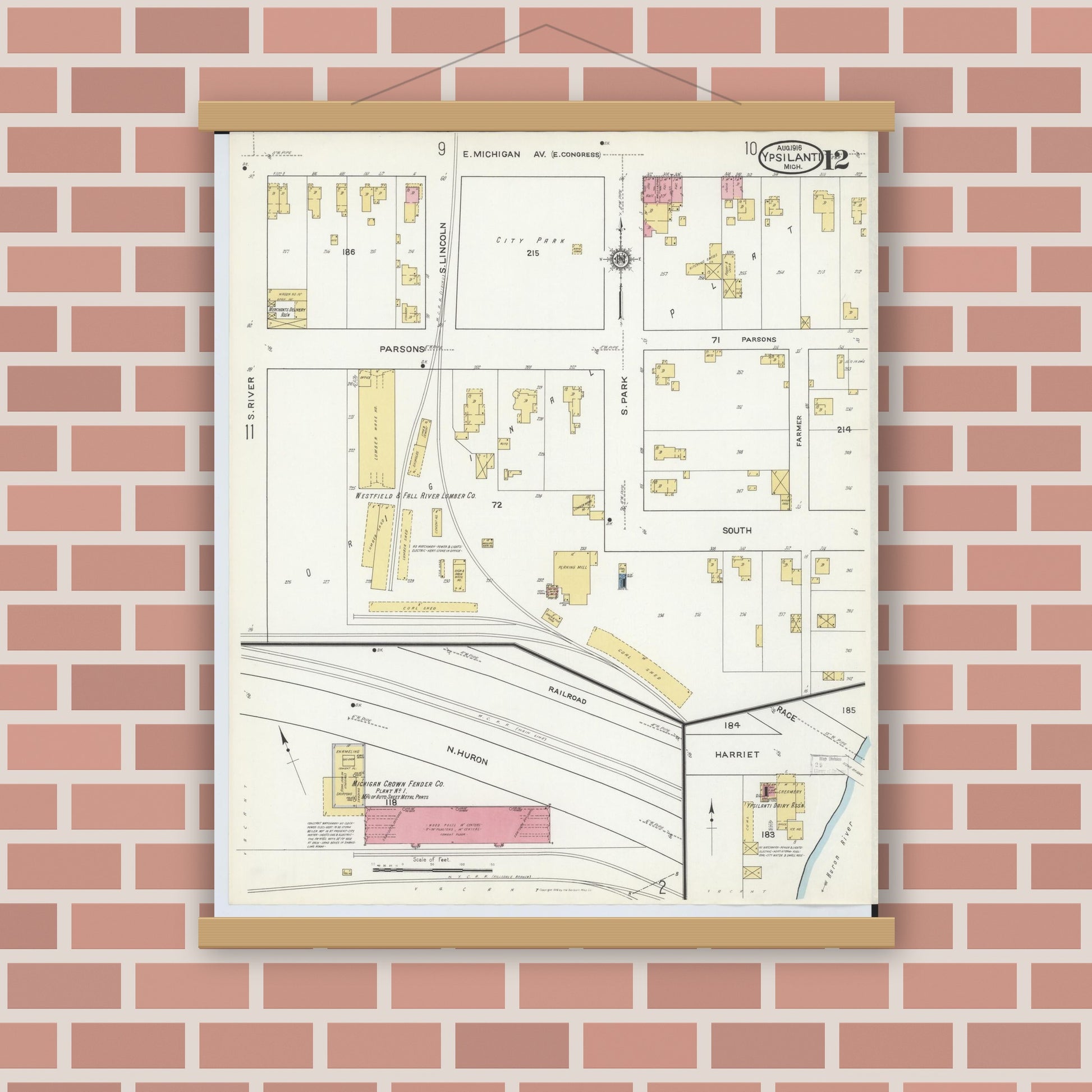 Old map wall art mockup — magnetic wood frame on brick wall — Sanborn Fire Insurance Map from Ypsilanti, Washtenaw County, Michigan (1916), Sheet #0012