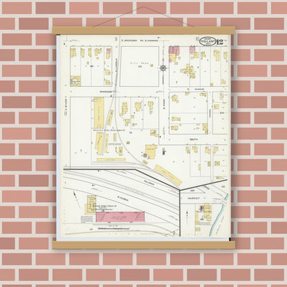 Old map wall art mockup — magnetic wood frame on brick wall — Sanborn Fire Insurance Map from Ypsilanti, Washtenaw County, Michigan (1916), Sheet #0012