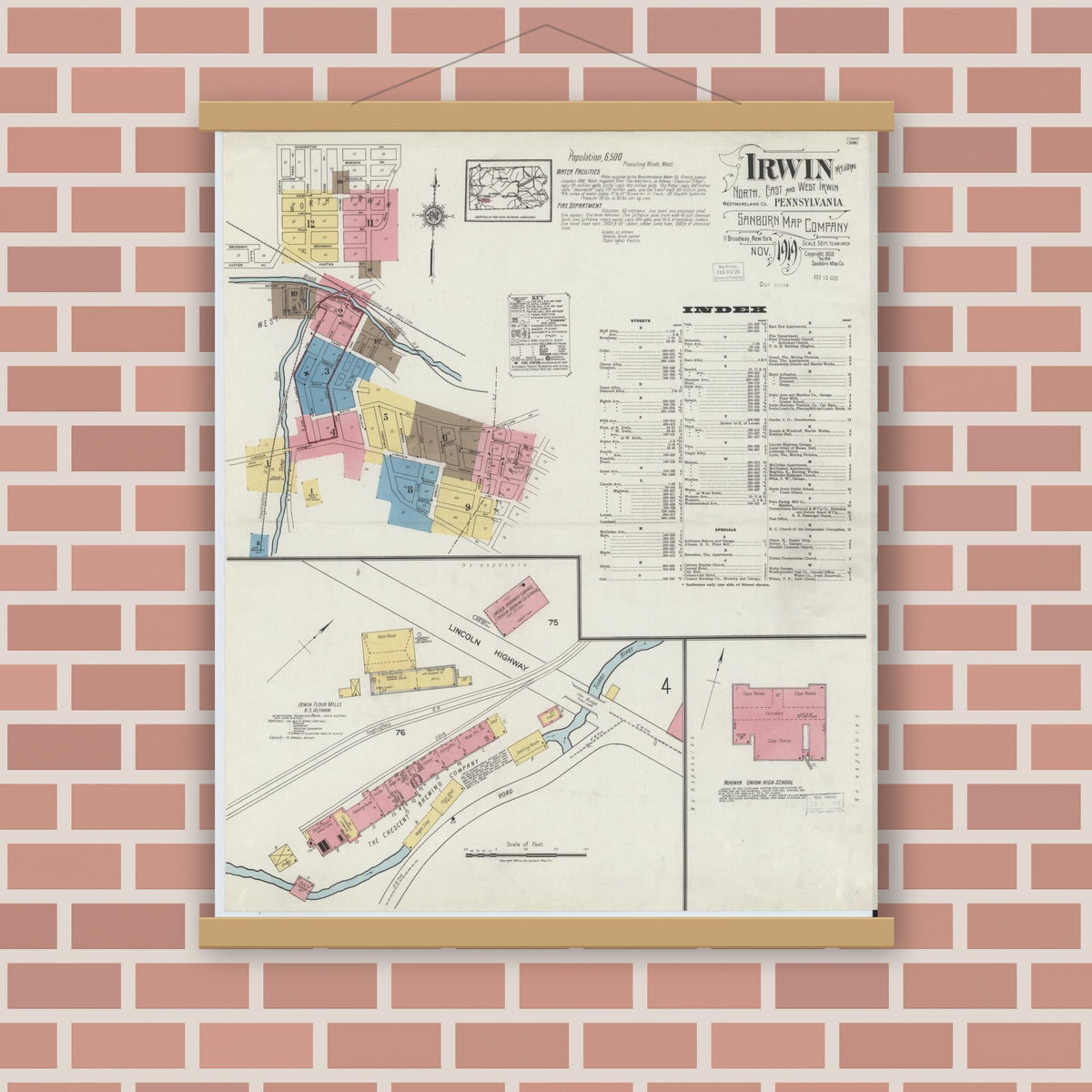 Old map wall art mockup — magnetic wood frame on brick wall — Sanborn Fire Insurance Map from Irwin, Westmoreland County, Pennsylvania (1919) - Complete Map Set