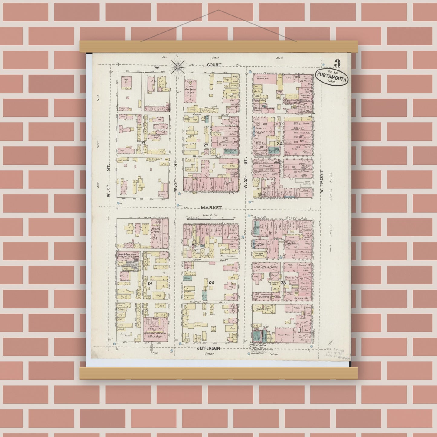 Old map wall art mockup — magnetic wood frame on brick wall — Sanborn Fire Insurance Map from Portsmouth, Scioto County, Ohio (1887), Sheet #0003