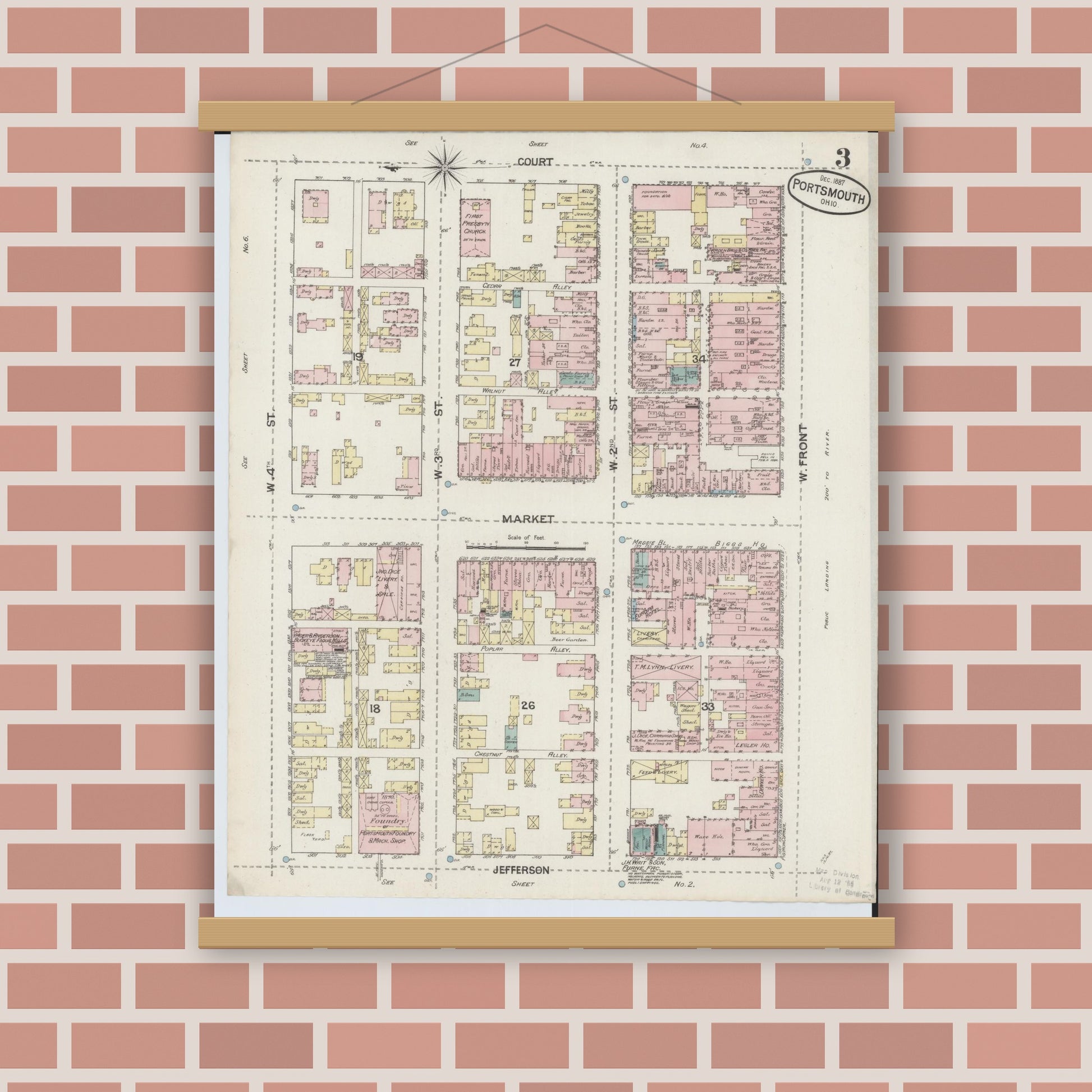 Old map wall art mockup — magnetic wood frame on brick wall — Sanborn Fire Insurance Map from Portsmouth, Scioto County, Ohio (1887), Sheet #0003