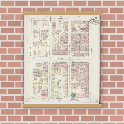 Old map wall art mockup — magnetic wood frame on brick wall — Sanborn Fire Insurance Map from Portsmouth, Scioto County, Ohio (1887), Sheet #0003