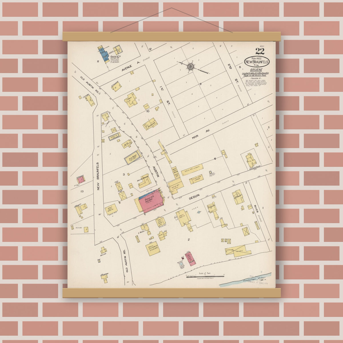 Old map wall art mockup — magnetic wood frame on brick wall — Sanborn Fire Insurance Map from New Braunfels, Comal County, Texas (1922), Sheet #0022