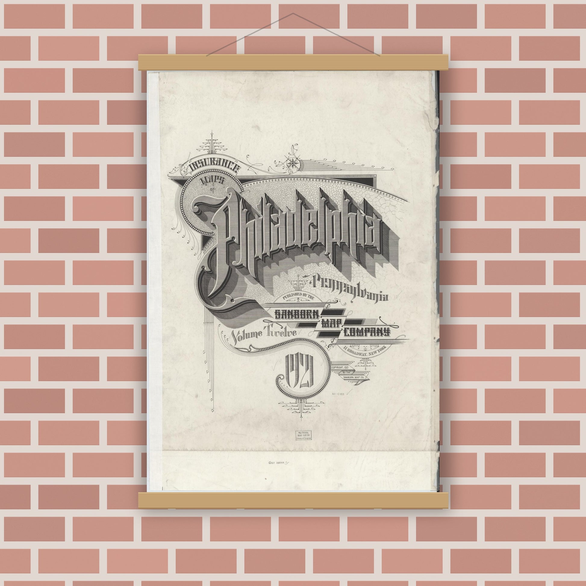 Old map wall art mockup — magnetic wood frame on brick wall — Sanborn Fire Insurance Map from Philadelphia, Philadelphia County, Pennsylvania (1920), Sheet #0001