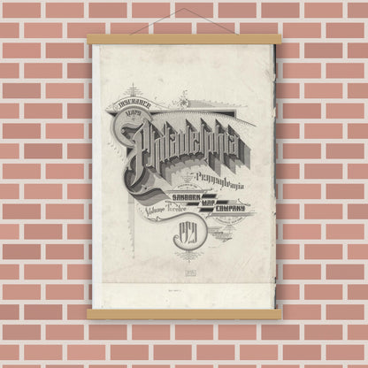 Old map wall art mockup — magnetic wood frame on brick wall — Sanborn Fire Insurance Map from Philadelphia, Philadelphia County, Pennsylvania (1920), Sheet #0001