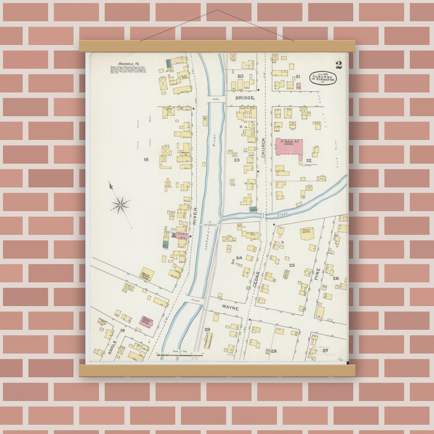 Old map wall art mockup — magnetic wood frame on brick wall — Sanborn Fire Insurance Map from Scranton Suburbs, Lackawanna County, Pennsylvania (1893), Sheet #0002