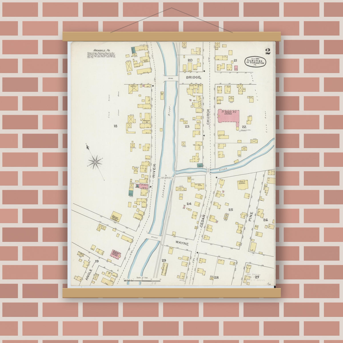 Old map wall art mockup — magnetic wood frame on brick wall — Sanborn Fire Insurance Map from Scranton Suburbs, Lackawanna County, Pennsylvania (1893), Sheet #0002