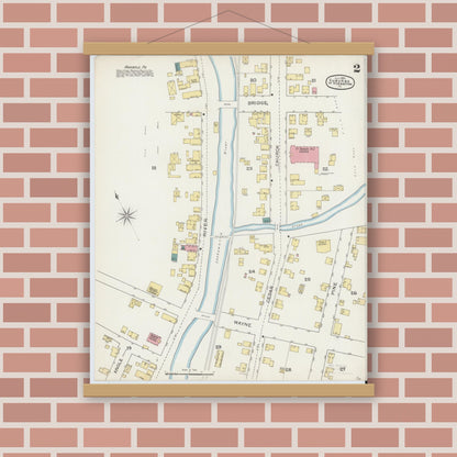Old map wall art mockup — magnetic wood frame on brick wall — Sanborn Fire Insurance Map from Scranton Suburbs, Lackawanna County, Pennsylvania (1893), Sheet #0002