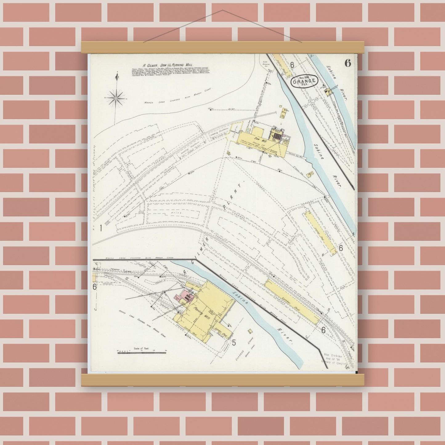 Old map wall art mockup — magnetic wood frame on brick wall — Sanborn Fire Insurance Map from Orange, Orange County, Texas (1896), Sheet #0006