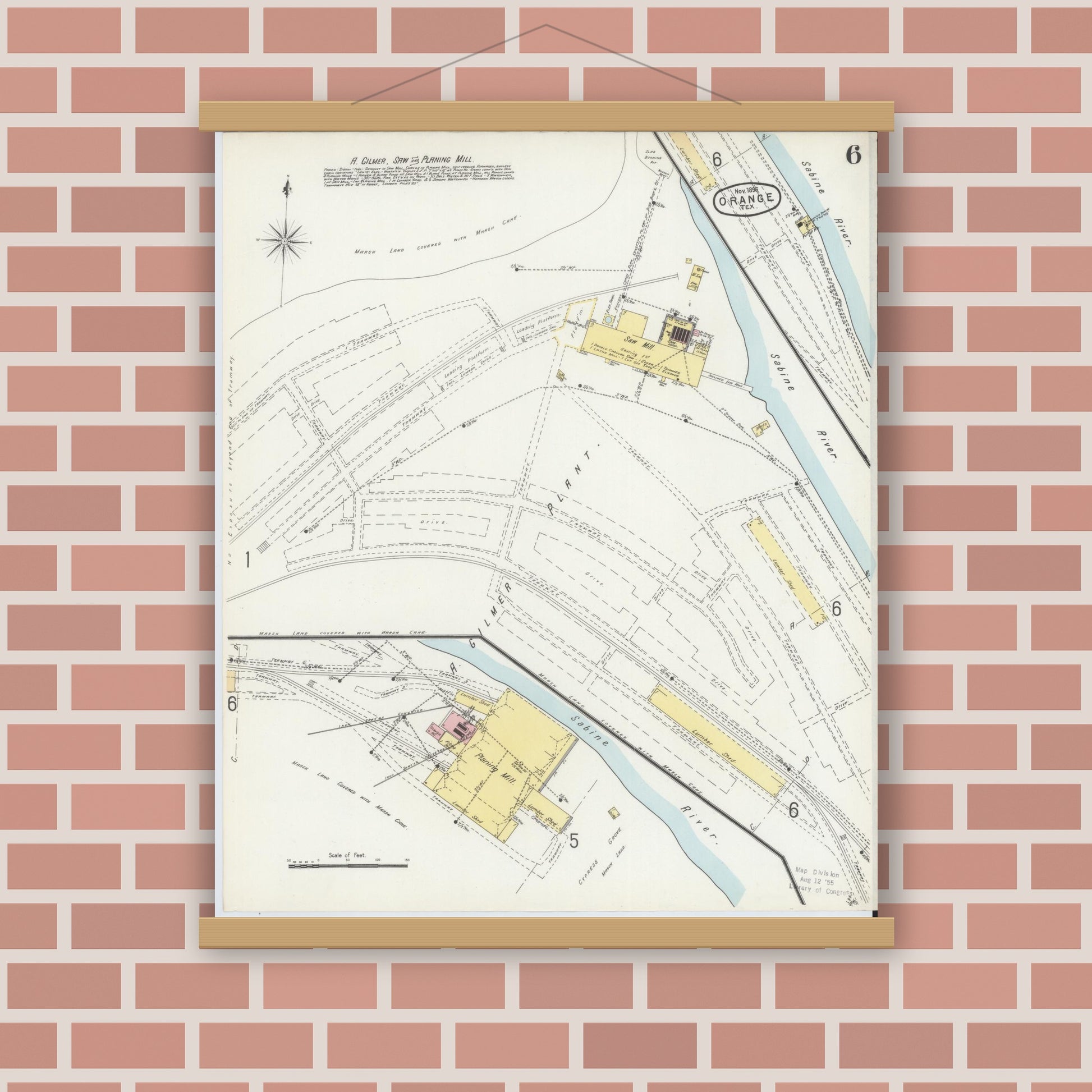 Old map wall art mockup — magnetic wood frame on brick wall — Sanborn Fire Insurance Map from Orange, Orange County, Texas (1896), Sheet #0006