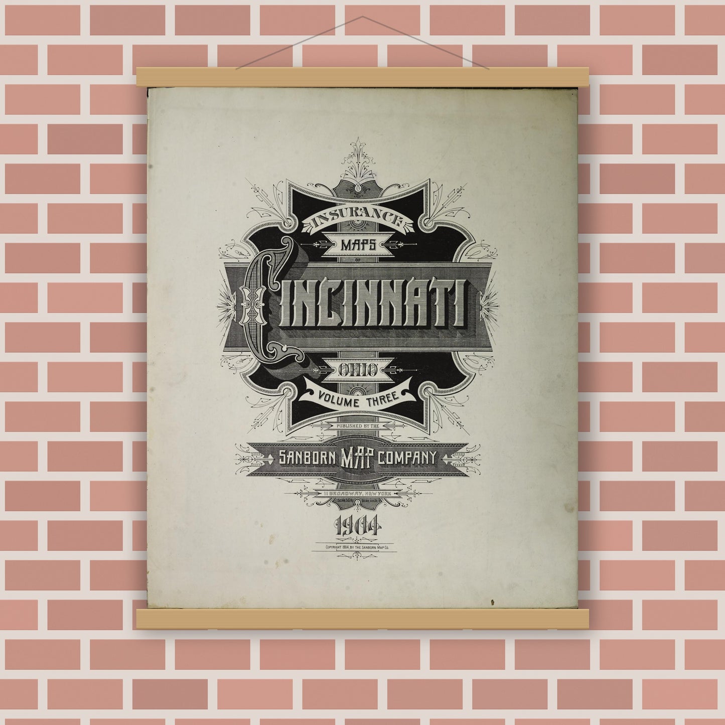 Old map wall art mockup — magnetic wood frame on brick wall — Sanborn Fire Insurance Map from Cincinnati, Hamilton County, Ohio (1904), Sheet #0001