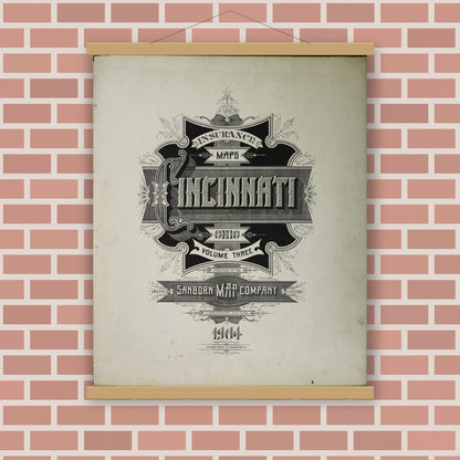 Old map wall art mockup — magnetic wood frame on brick wall — Sanborn Fire Insurance Map from Cincinnati, Hamilton County, Ohio (1904), Sheet #0001