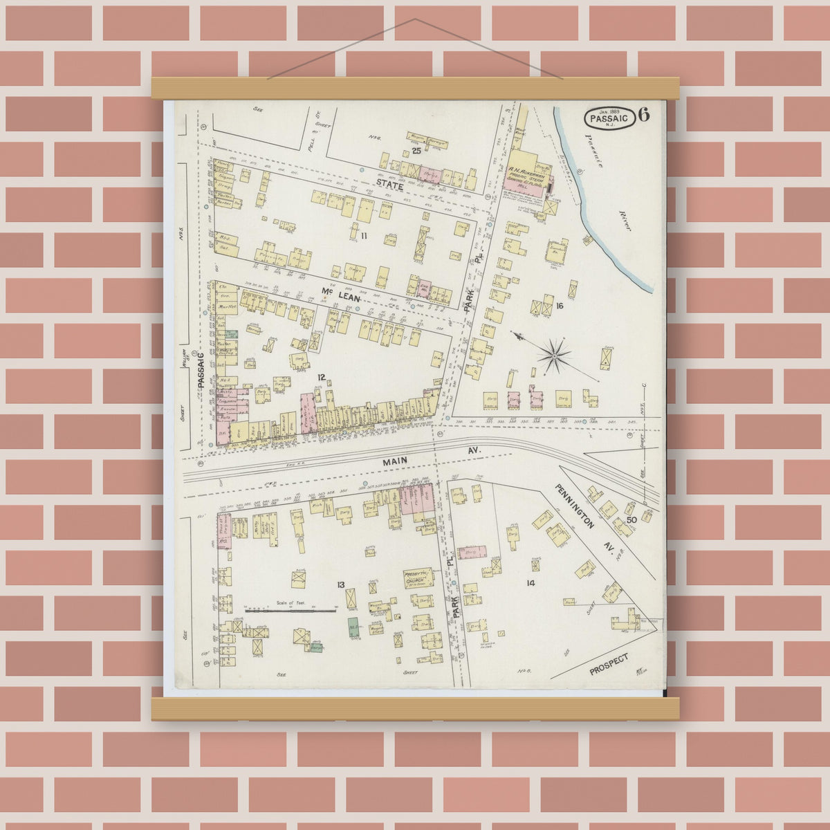 Old map wall art mockup — magnetic wood frame on brick wall — Sanborn Fire Insurance Map from Passaic, Passaic County, New Jersey (1889), Sheet #0006