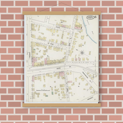 Old map wall art mockup — magnetic wood frame on brick wall — Sanborn Fire Insurance Map from Passaic, Passaic County, New Jersey (1889), Sheet #0006