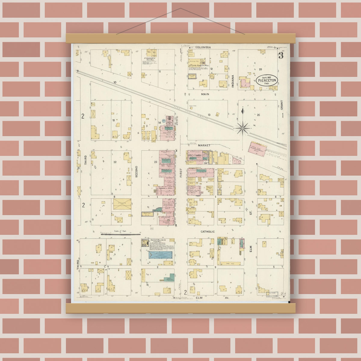 Old map wall art mockup — magnetic wood frame on brick wall — Sanborn Fire Insurance Map from Pierceton, Kosciusko County, Indiana (1907), Sheet #0003