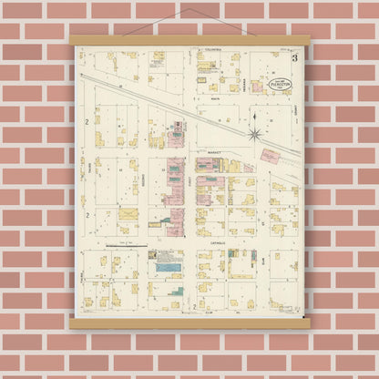 Old map wall art mockup — magnetic wood frame on brick wall — Sanborn Fire Insurance Map from Pierceton, Kosciusko County, Indiana (1907), Sheet #0003