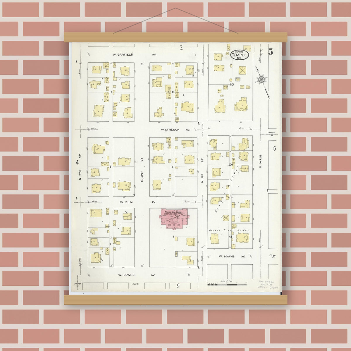 Old map wall art mockup — magnetic wood frame on brick wall — Sanborn Fire Insurance Map from Temple, Bell County, Texas (1915), Sheet #0005