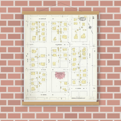 Old map wall art mockup — magnetic wood frame on brick wall — Sanborn Fire Insurance Map from Temple, Bell County, Texas (1915), Sheet #0005