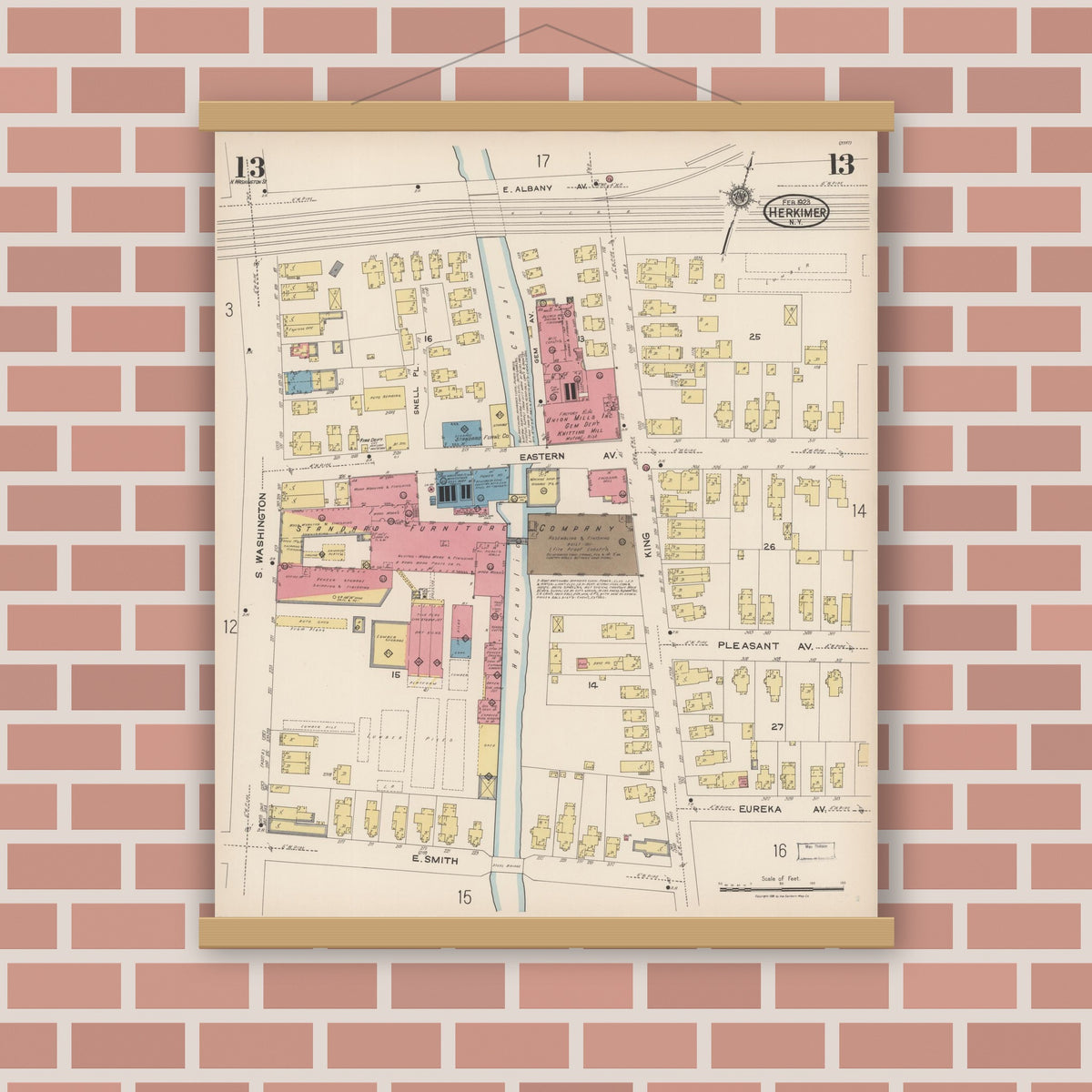 Old map wall art mockup — magnetic wood frame on brick wall — Sanborn Fire Insurance Map from Herkimer, Herkimer County, New York (1923), Sheet #0013