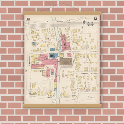 Old map wall art mockup — magnetic wood frame on brick wall — Sanborn Fire Insurance Map from Herkimer, Herkimer County, New York (1923), Sheet #0013