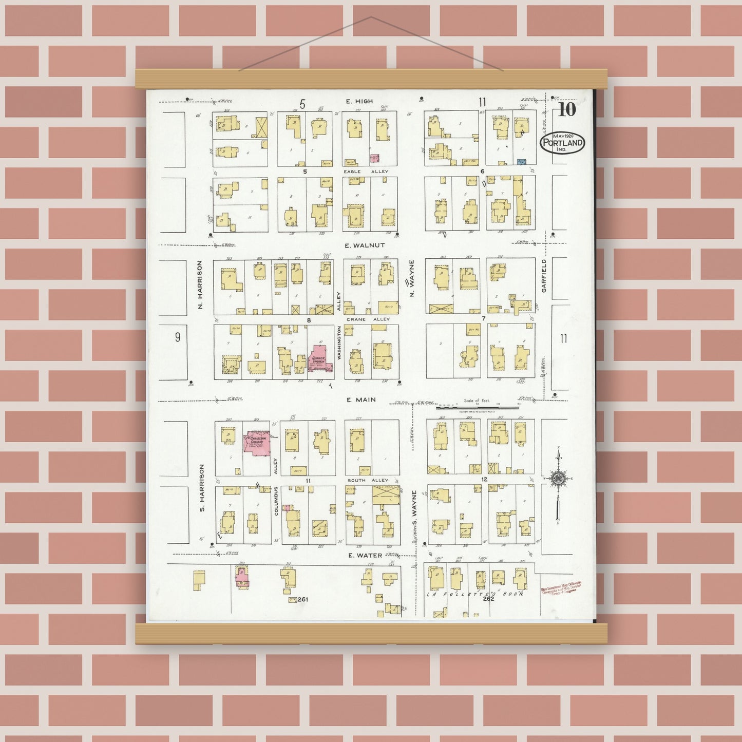 Old map wall art mockup — magnetic wood frame on brick wall — Sanborn Fire Insurance Map from Portland, Jay County, Indiana (1920), Sheet #0010