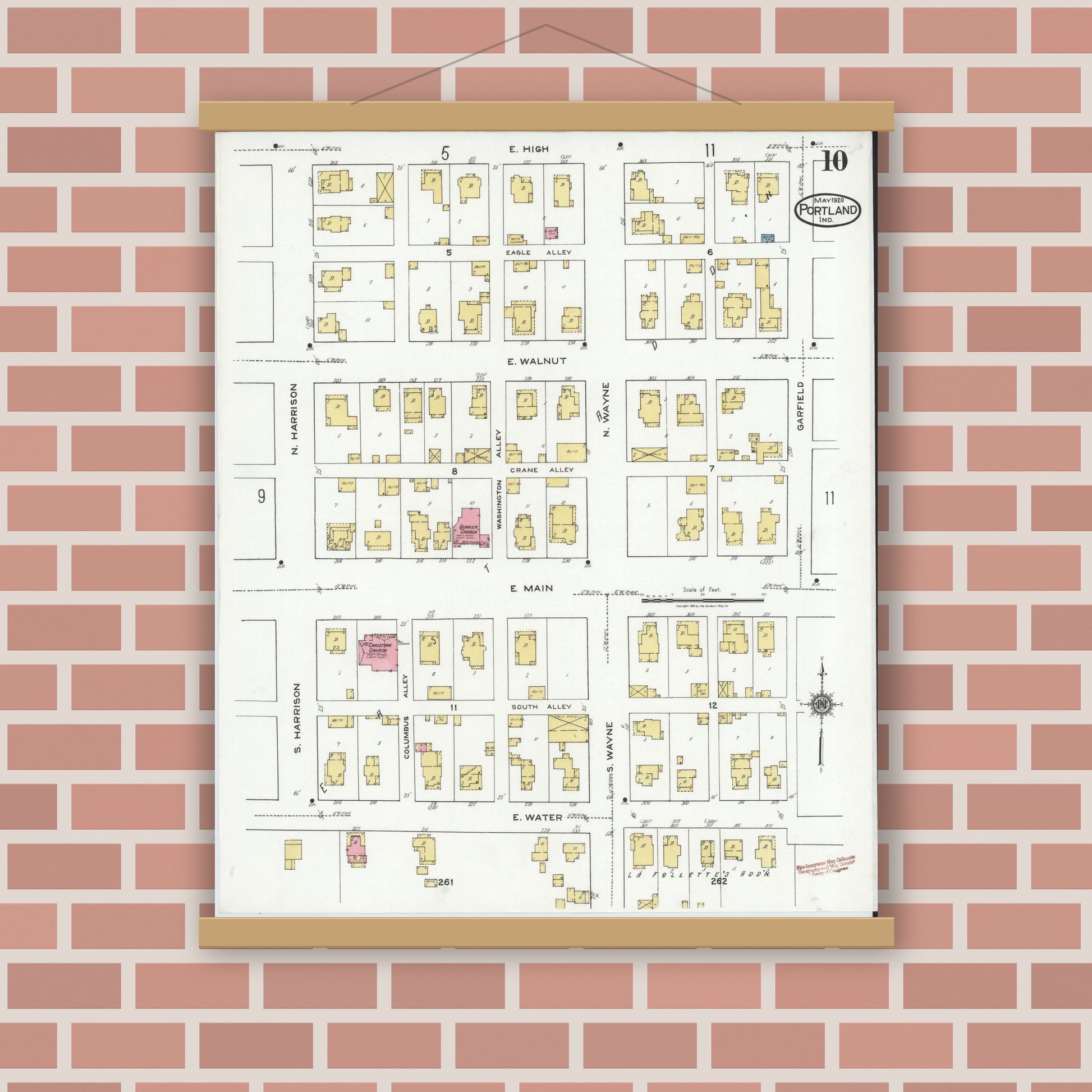 Old map wall art mockup — magnetic wood frame on brick wall — Sanborn Fire Insurance Map from Portland, Jay County, Indiana (1920), Sheet #0010
