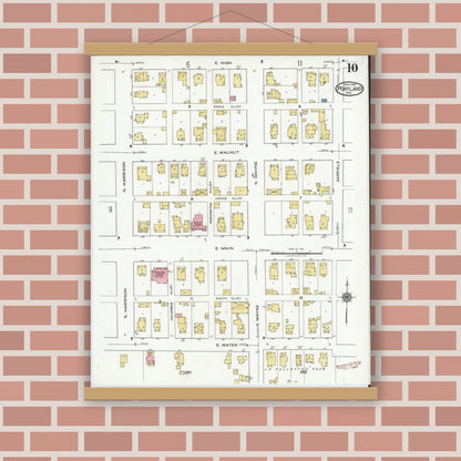 Old map wall art mockup — magnetic wood frame on brick wall — Sanborn Fire Insurance Map from Portland, Jay County, Indiana (1920), Sheet #0010
