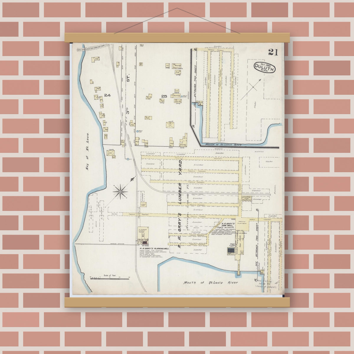 Old map wall art mockup — magnetic wood frame on brick wall — Sanborn Fire Insurance Map from Duluth, Saint Louis County, Minnesota (1885), Sheet #0021