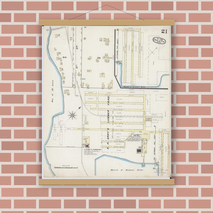 Old map wall art mockup — magnetic wood frame on brick wall — Sanborn Fire Insurance Map from Duluth, Saint Louis County, Minnesota (1885), Sheet #0021