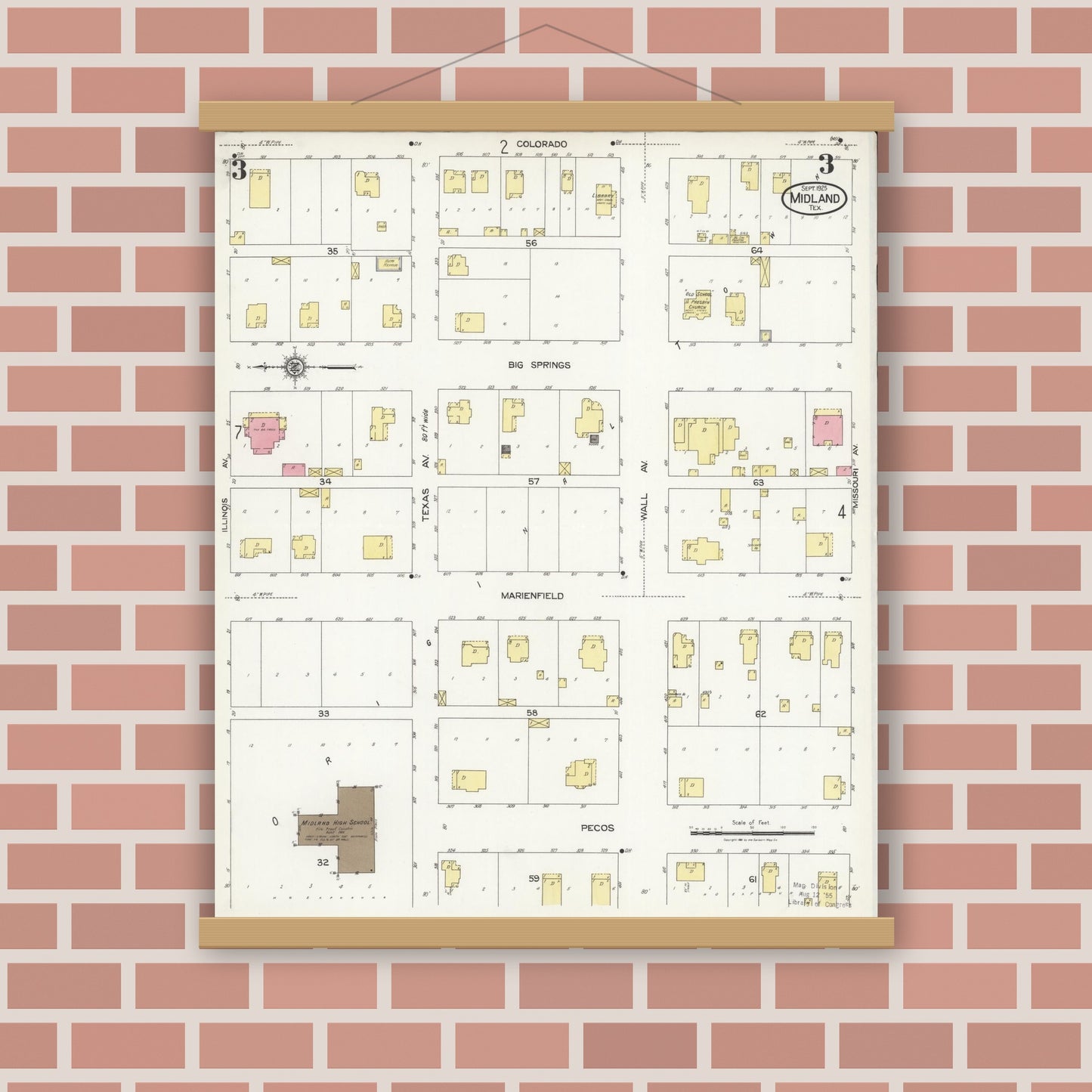 Old map wall art mockup — magnetic wood frame on brick wall — Sanborn Fire Insurance Map from Midland, Midland County, Texas (1925), Sheet #0003