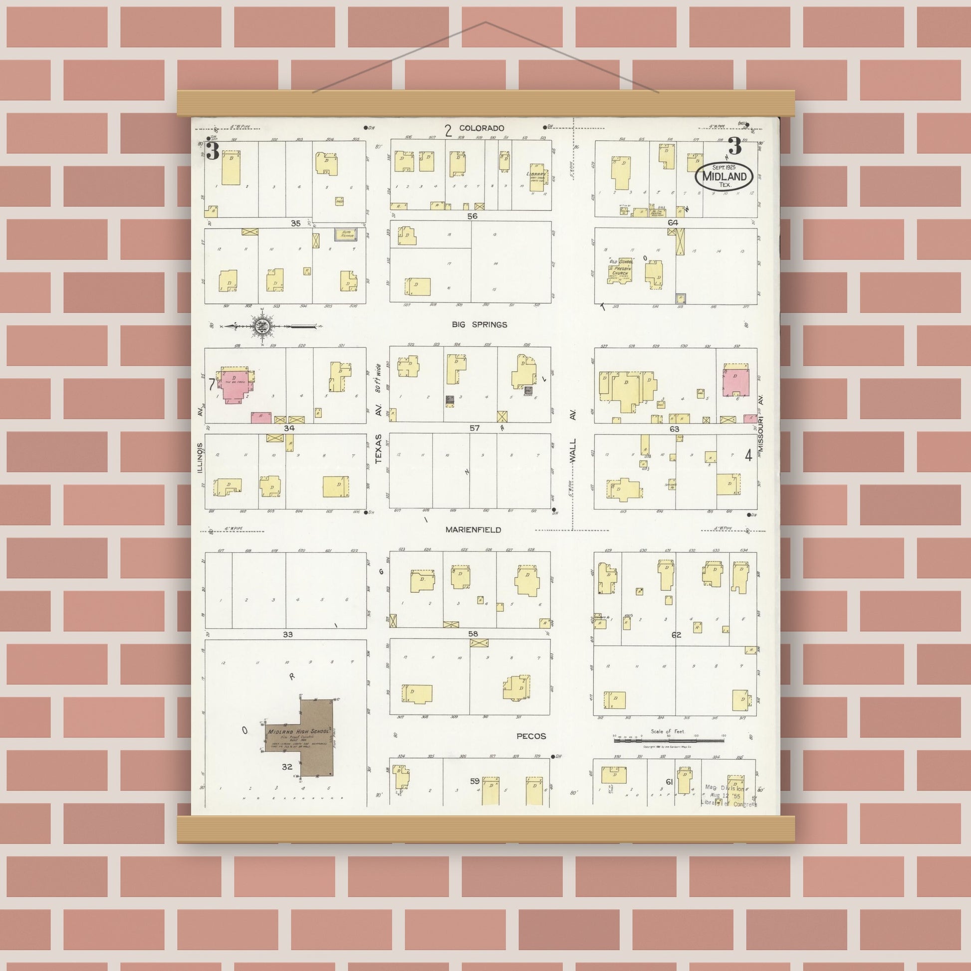 Old map wall art mockup — magnetic wood frame on brick wall — Sanborn Fire Insurance Map from Midland, Midland County, Texas (1925), Sheet #0003