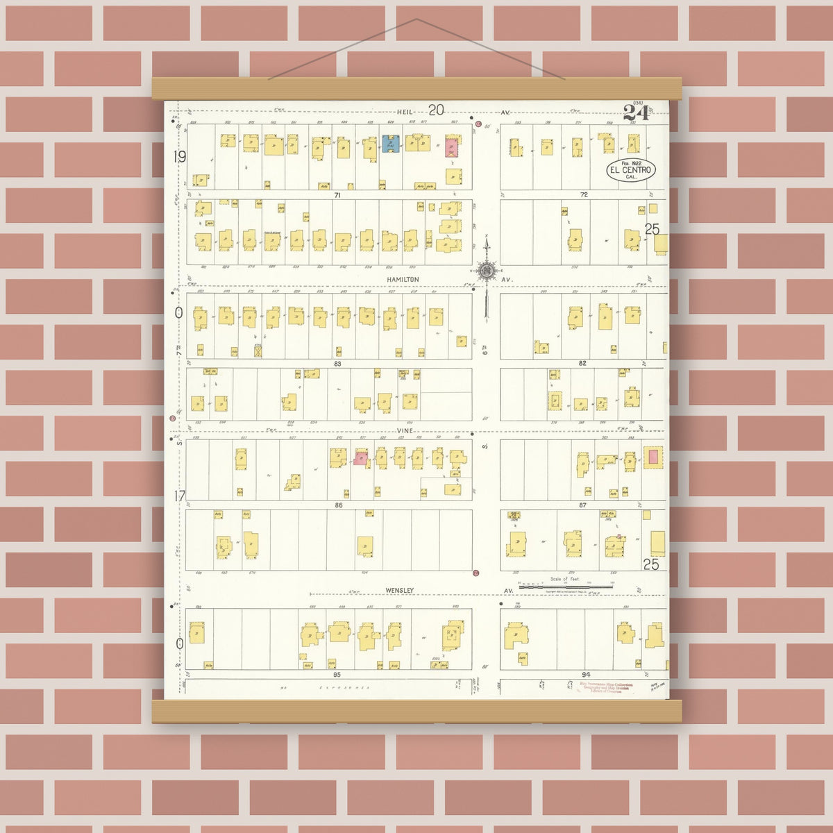Old map wall art mockup — magnetic wood frame on brick wall — Sanborn Fire Insurance Map from El Centro, Imperial County, California (1922), Sheet #0024