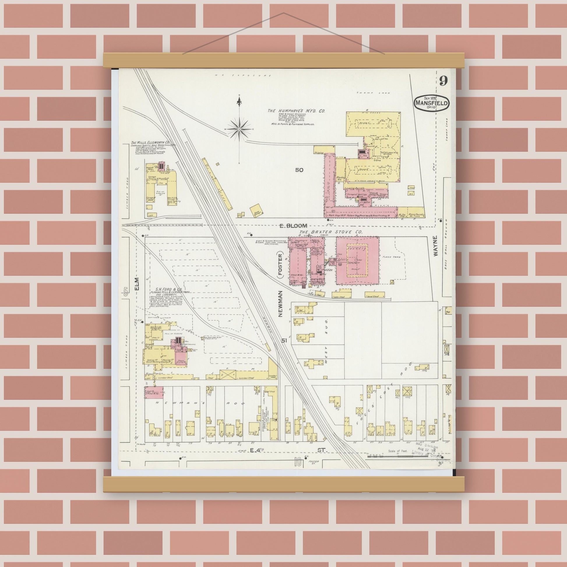 Old map wall art mockup — magnetic wood frame on brick wall — Sanborn Fire Insurance Map from Mansfield, Richland County, Ohio (1892), Sheet #0009